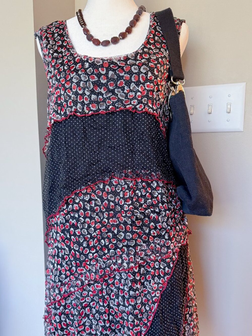 Vandana Ruffle Dress – Black, White & Red Pattern – Size XL